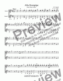 page one of Alla Hornpipe from Water Music for guitar duet