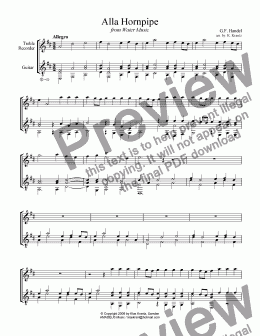 page one of Alla Hornpipe from Water Music for treble recorder and guitar