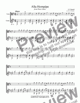 page one of Alla Hornpipe from Water Music for viola and guitar