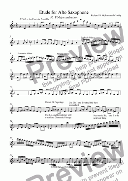 page one of Etude for Alto Saxophone: #3. F Major and minor
