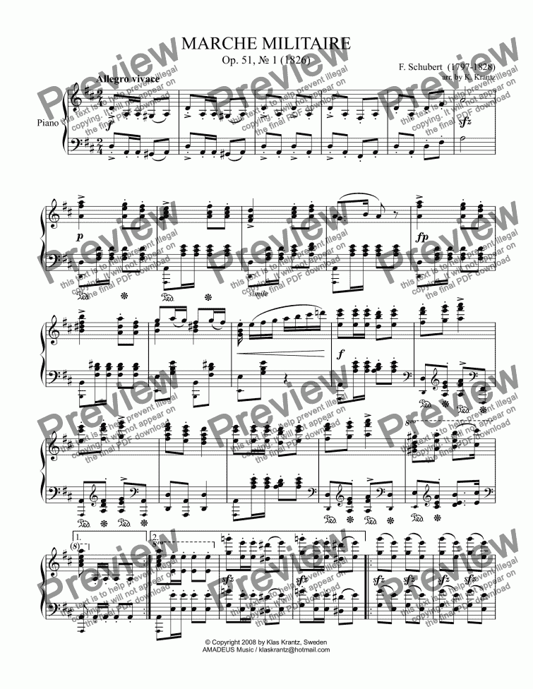 page one of Marche Militaire Op. 51 No. 1, for piano solo (concert version)