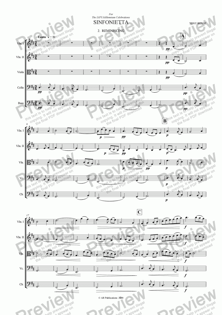 page one of Sinfonietta ’Reminiscing’ (2nd Mov.) for School Orchestra