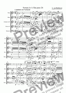 page one of Beethoven Sonata in A flat for Wind Quintet I Andante con variazione