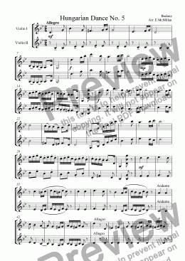 page one of Hungarian Dance No. 5 for two violins