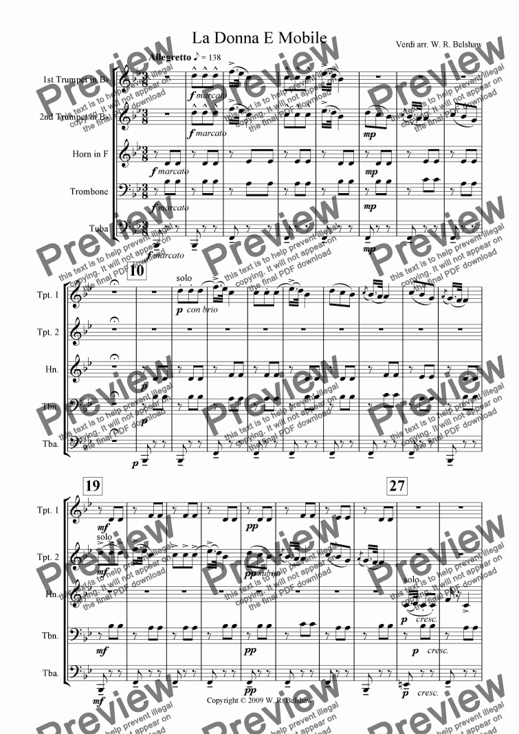 page one of La Donna E Mobile (brass quintet)