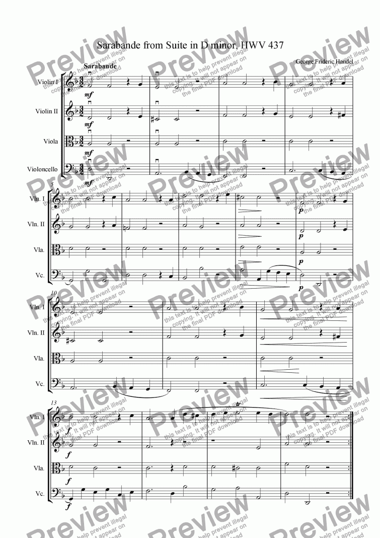 page one of Sarabande from Suite in D minor, HWV 437, arr. for String Quartet, Sheet Music Download, Wedding favourite