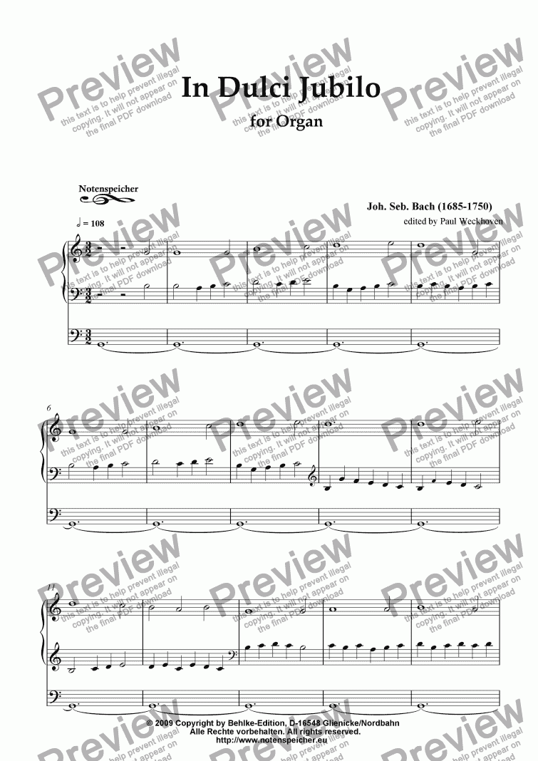 page one of Choral >In Dulci Jubilo< ( composed for organ by J.S. Bach)
