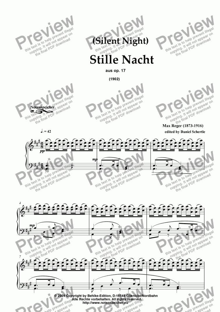 page one of Stille Nacht, Heilige Nacht ( Silent Night) (for piano by M. Reger)