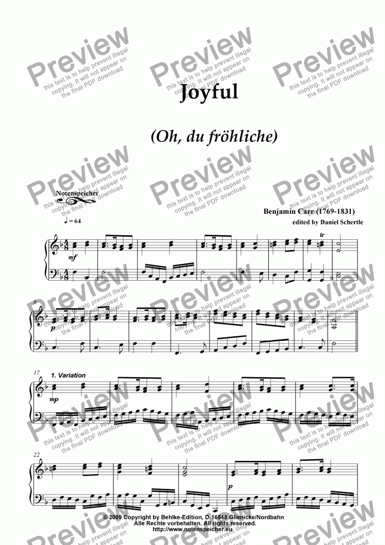 page one of Joyful, Variations for Christmas (for piano by Benjamin Carr)