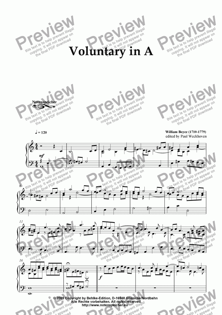 page one of Voluntary in A (for organ by W.Boyce)