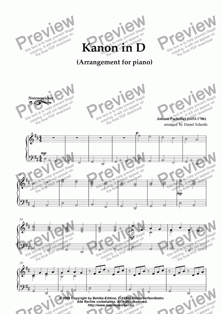 page one of Kanon in D from J. Pachelbel (Arrangement for piano)