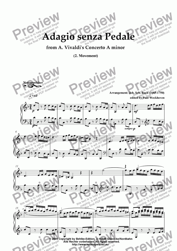 page one of Adagio senza Pedale (from the A-minor Concerto by Vivaldi, Arr. by J.S.Bach)