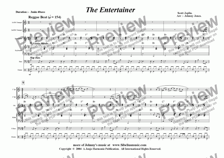 page one of Entertainer The  (a la Reggae Beat;  2 Bb Trumpets and 4 Rhythm)