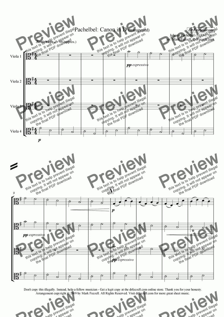 page one of Pachelbel's Canon for viola quartet or viola choir