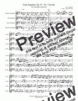page one of Albéniz - “Sevilla” from Suite Española (for Saxophone Quartet SATB)