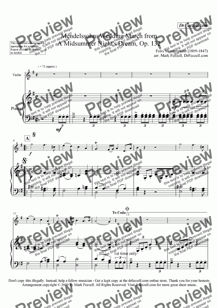 page one of Wedding March for violin and piano