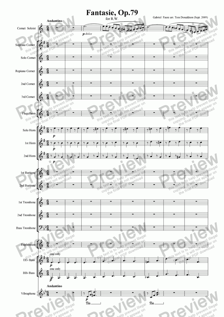 page one of BRASS BAND - Cornet Solo - Fantasie, Opus 79