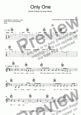 page one of ONLY ONE Vocal Melody/Harmonies, Guitar Tab & Chord Diags, Piano.