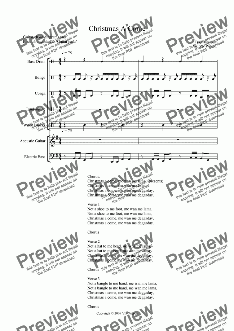 page one of CHRISTMAS A COME for Recorder Ensemble (Trad. Jamaican) optional perc., ukulele, guitar and bass. 