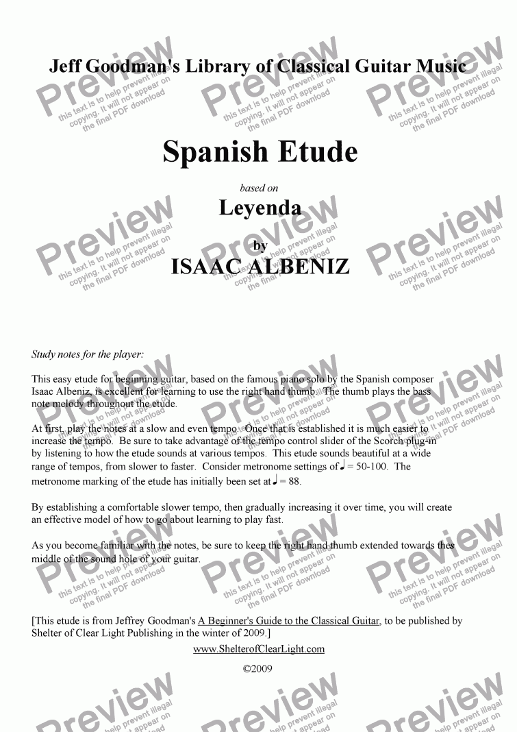 page one of Spanish Etude for Guitar based on Leyenda