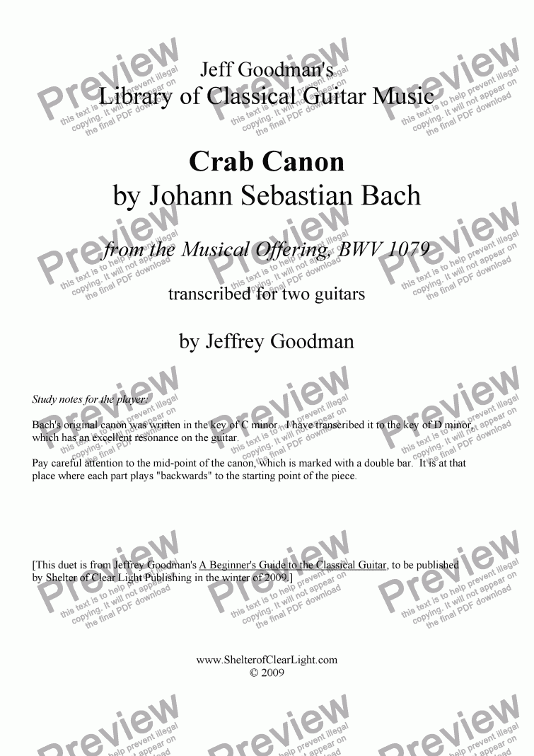 page one of Bach's Crab Canon from the Musical Offering transcribed for two guitars