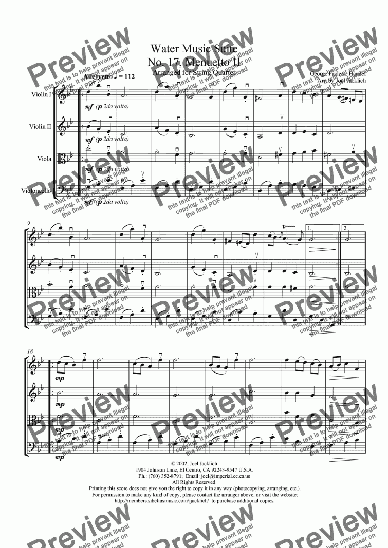 page one of Water Music Suite, No. 17, Menuetto II (g min.)