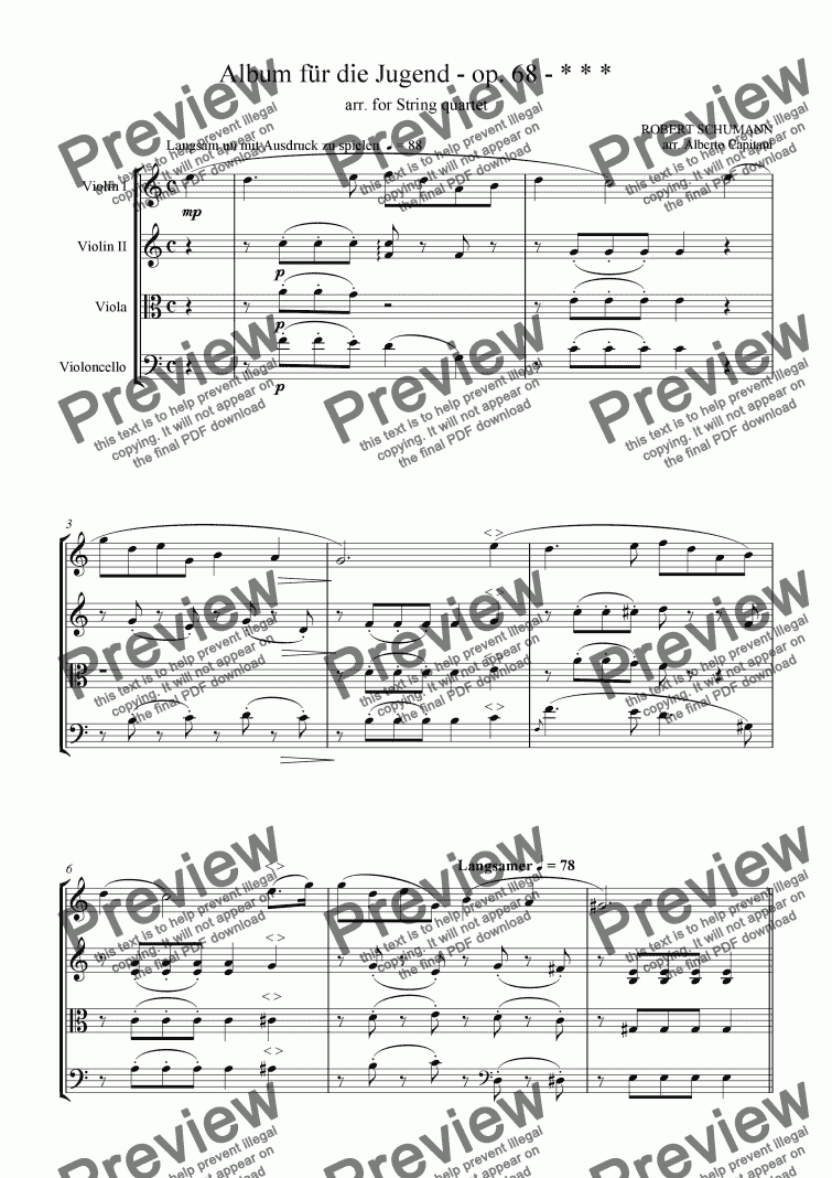 page one of Album für die Jugend - op. 68 - * * * in C major - arr. for String quartet