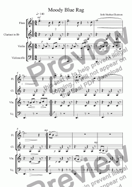 page one of Moody Blue Rag  (for mixed quartet,flute,clarinet,violin,violoncello) 
