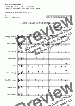 page one of I HEARD THE BELLS ON CHRISTMAS DAY for Recorder Ensemble