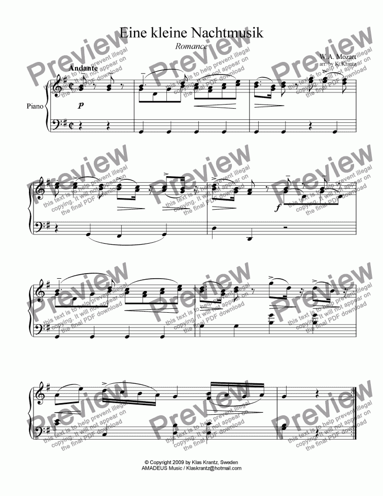 page one of Romance from Eine kleine Nachtmusik for easy piano solo