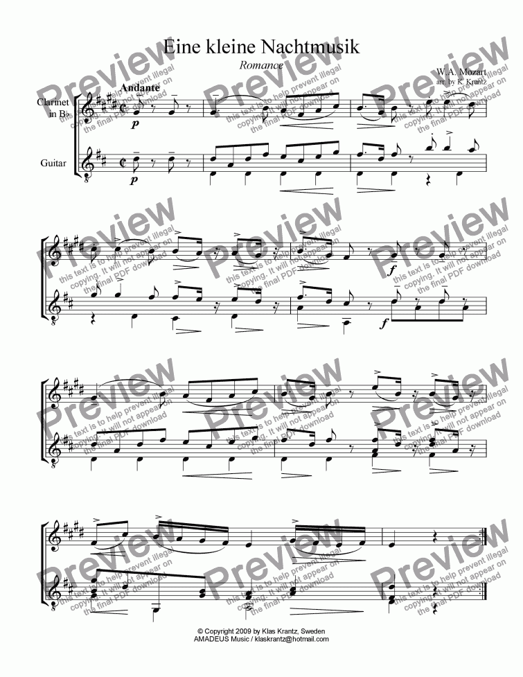 page one of Romance from Eine kleine Nachtmusik for clarinet and guitar
