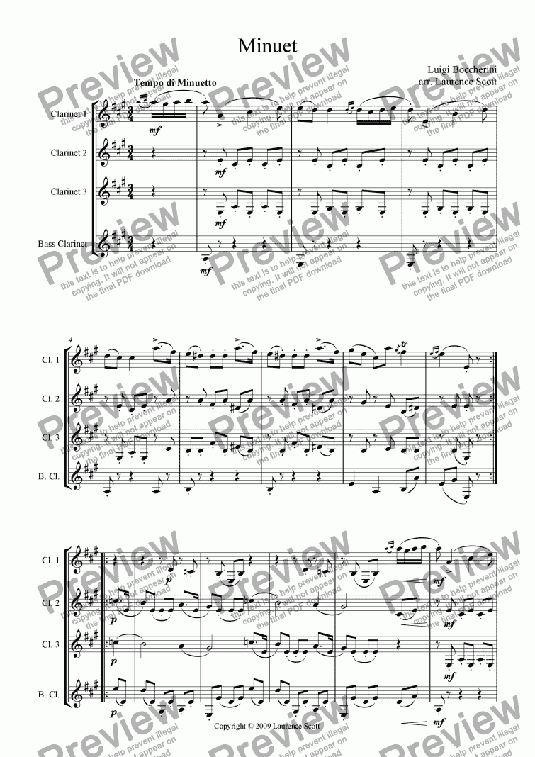 page one of Minuet for Clarinet Quartet