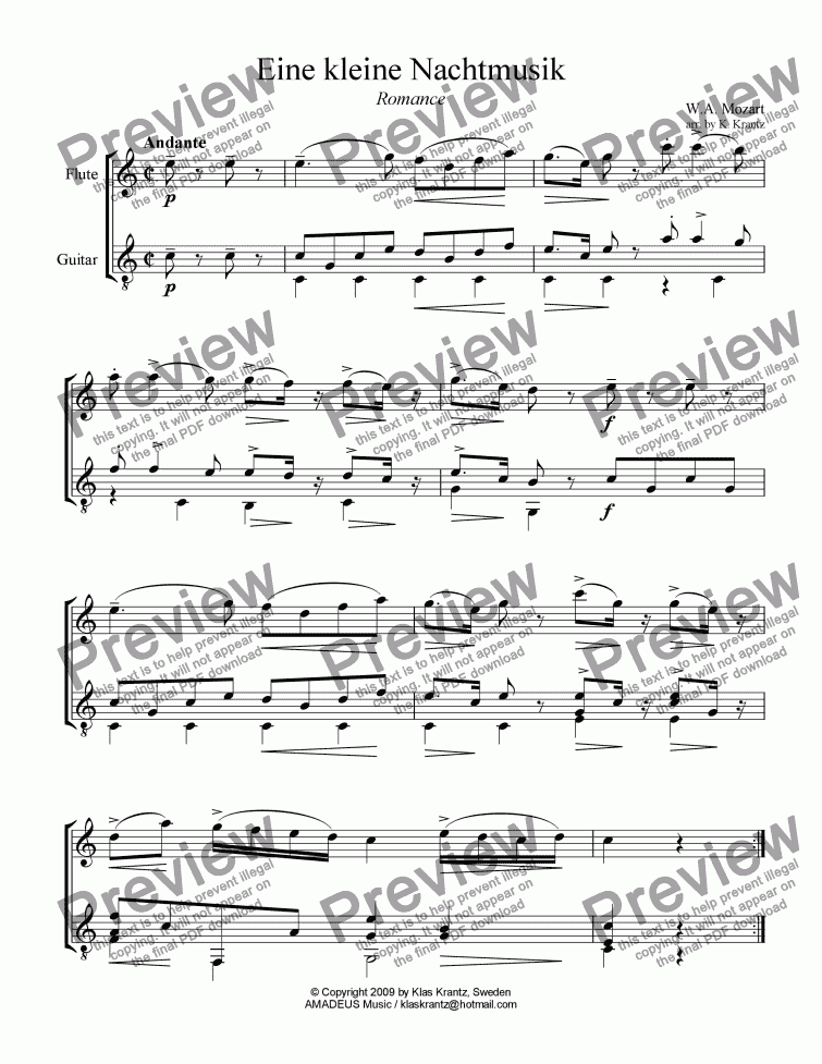 page one of Romance from Eine kleine Nachtmusik for flute and guitar