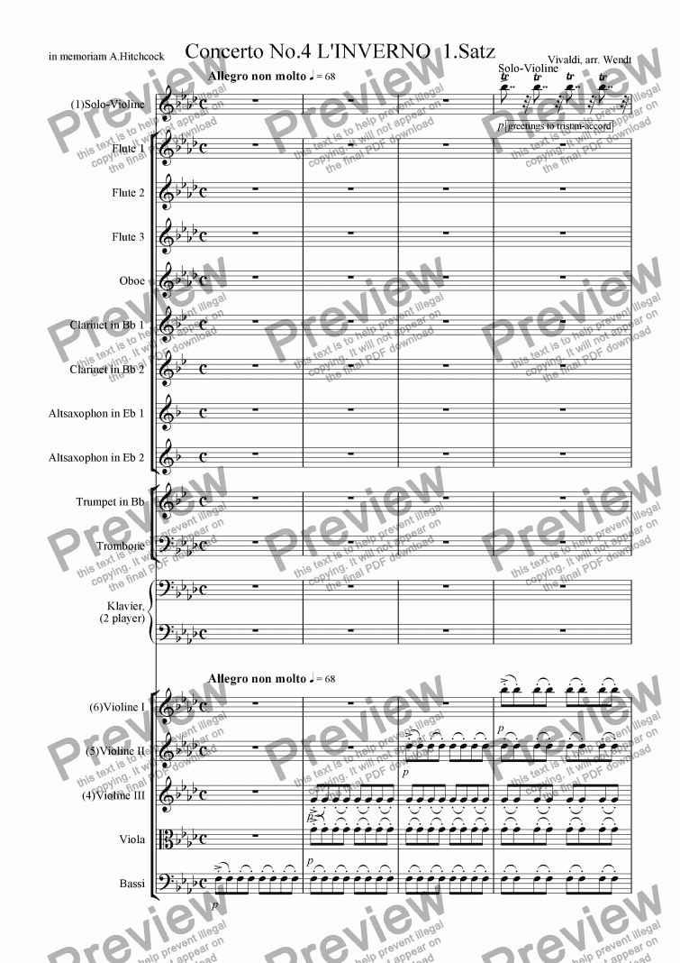 page one of Vivaldis Winter with Winds and strings (1st movement)