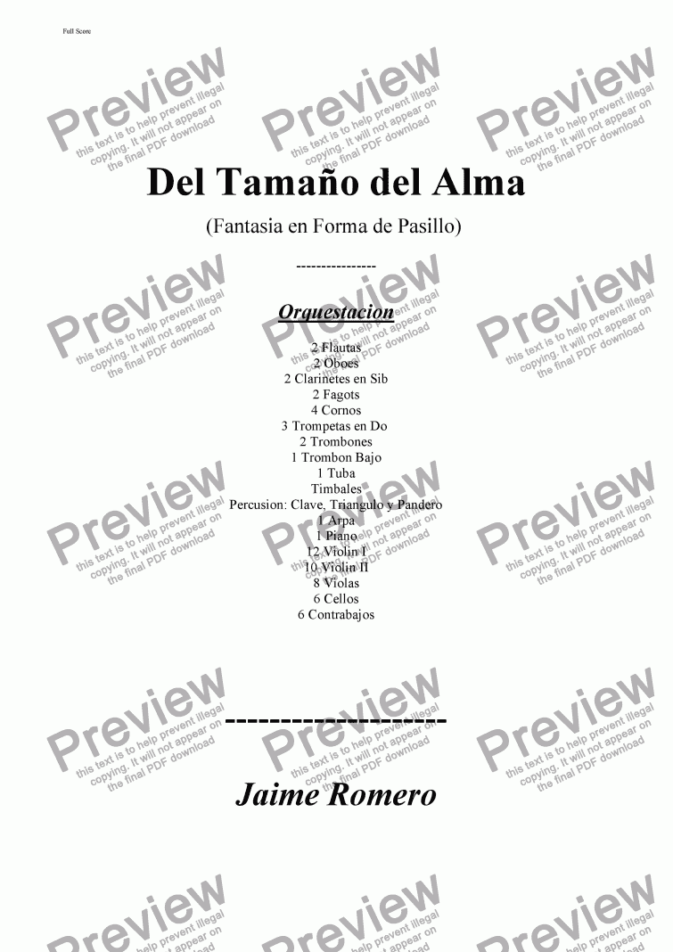 page one of Del Tamano del Alma (Pasillo)