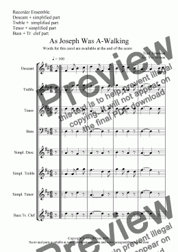 page one of AS JOSEPH WAS AWALKING (Recorder Ensemble)