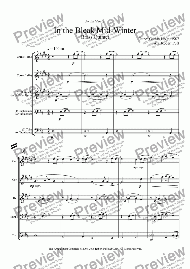 page one of In the Bleak Midwinter (Brass Quintet)