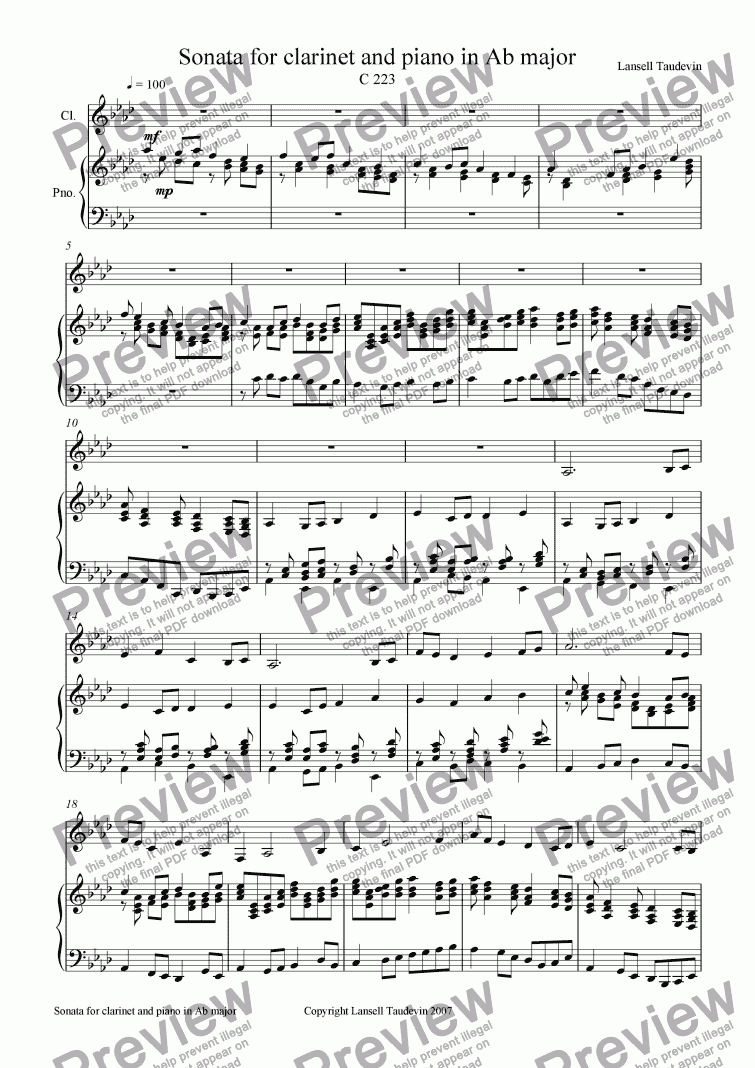 page one of Clarinet Sonata # 4