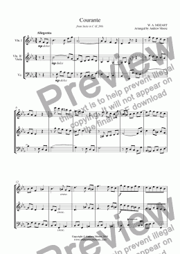 page one of ’Courante’ from Suite in C (K.399) arr for String Trio