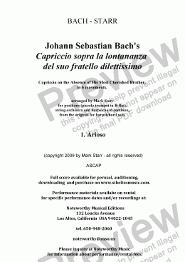 page one of BACH - STARR; Capriccio sopra la lontananza del suo fratello dilettissimo, for Baroque orchestra; 1 of 6. Arioso