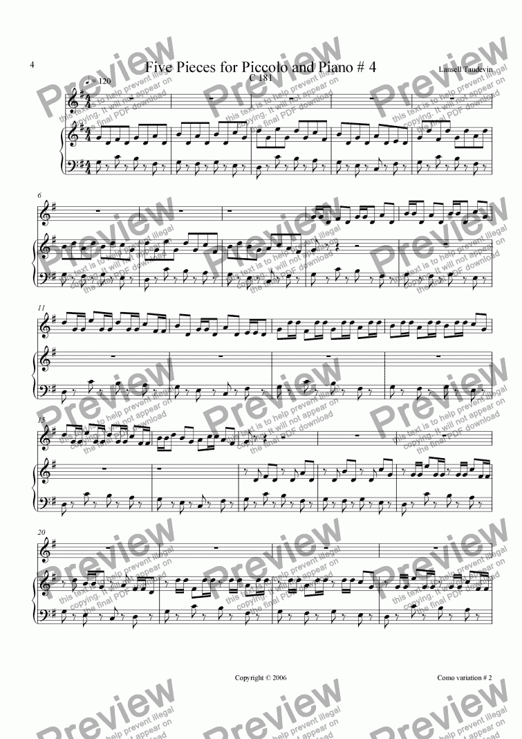 page one of Five Pieces for Piccolo and Piano # 4