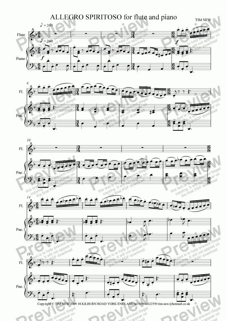 page one of ALLEGRO SPIRITOSO for flute and piano