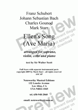 page one of SCHUBERT-BACH-GOUNOD-STARR; Ellen's Song (Ave Maria,) for soprano, violin, cello and piano