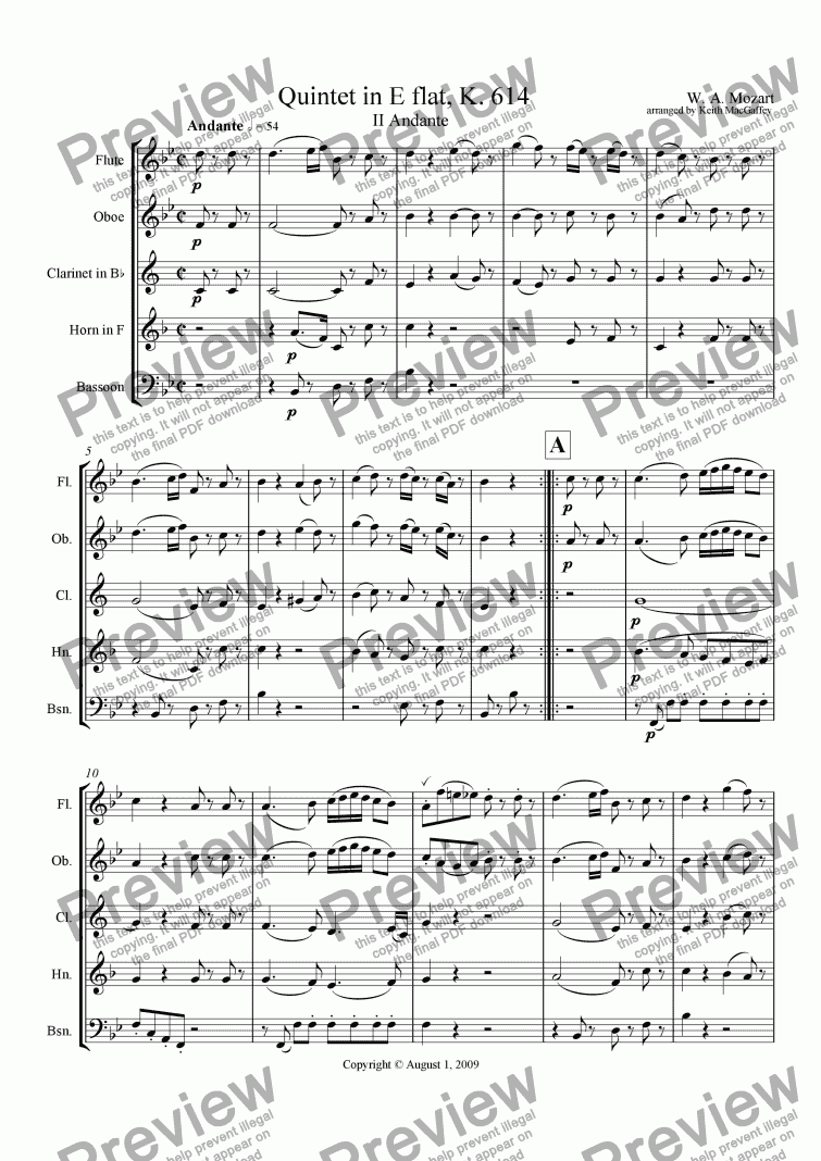 page one of Mozart Quintet in E flat opus 614 II Andante 