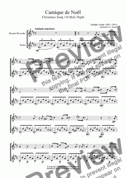 page one of O Holy Night / Cantique de Noël for D. recorder and guitar