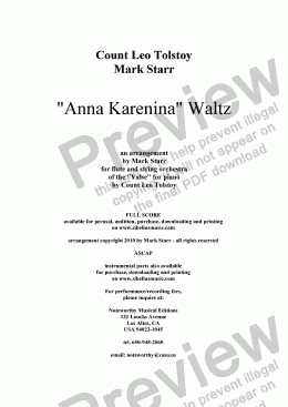 page one of TOLSTOY - STARR; "Anna Karenina" Waltz (an orchestral arrangement by Mark Starr of a waltz for piano composed by Count Leo Tolstoy)