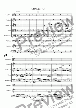 page one of Concerto (for viola with string orchestra and viola da gamba obbligato--third movement)