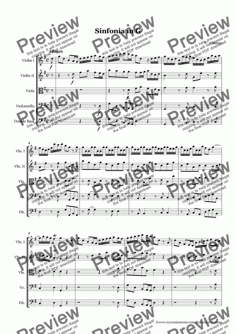 page one of Albinoni Sinfonia in G for String Orchestra