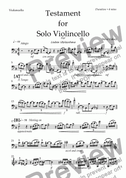 page one of Testament for Solo Cello