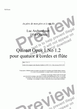 page one of Opus I No 1.2 - 1er Quintette pour Quatuor  à cordes et flute - 2009 12 14-2010 01 30